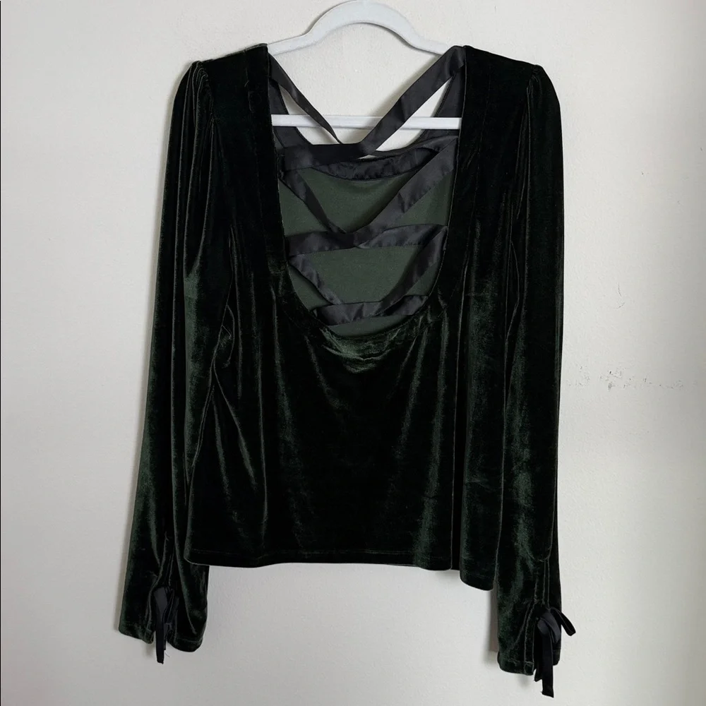By Anthropologie Dark Green Velvet Criss Cross Back Long Sleeve Blouse Size XL